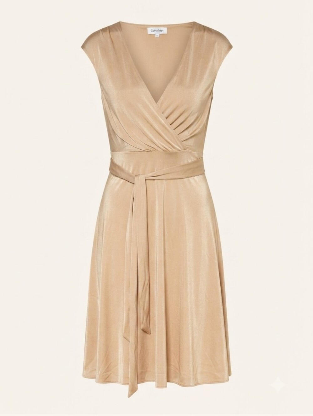 Calvin Klein Champagne Gold Faux Wrap V-Neck Tie Waist Cocktail Dress Size 6 - Picture 3 of 8